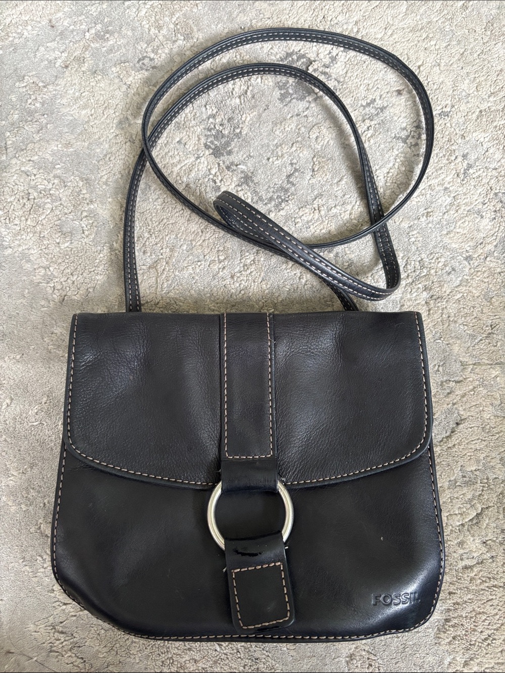 Fossil Black Leather Crossbody with Silver Ring Accent